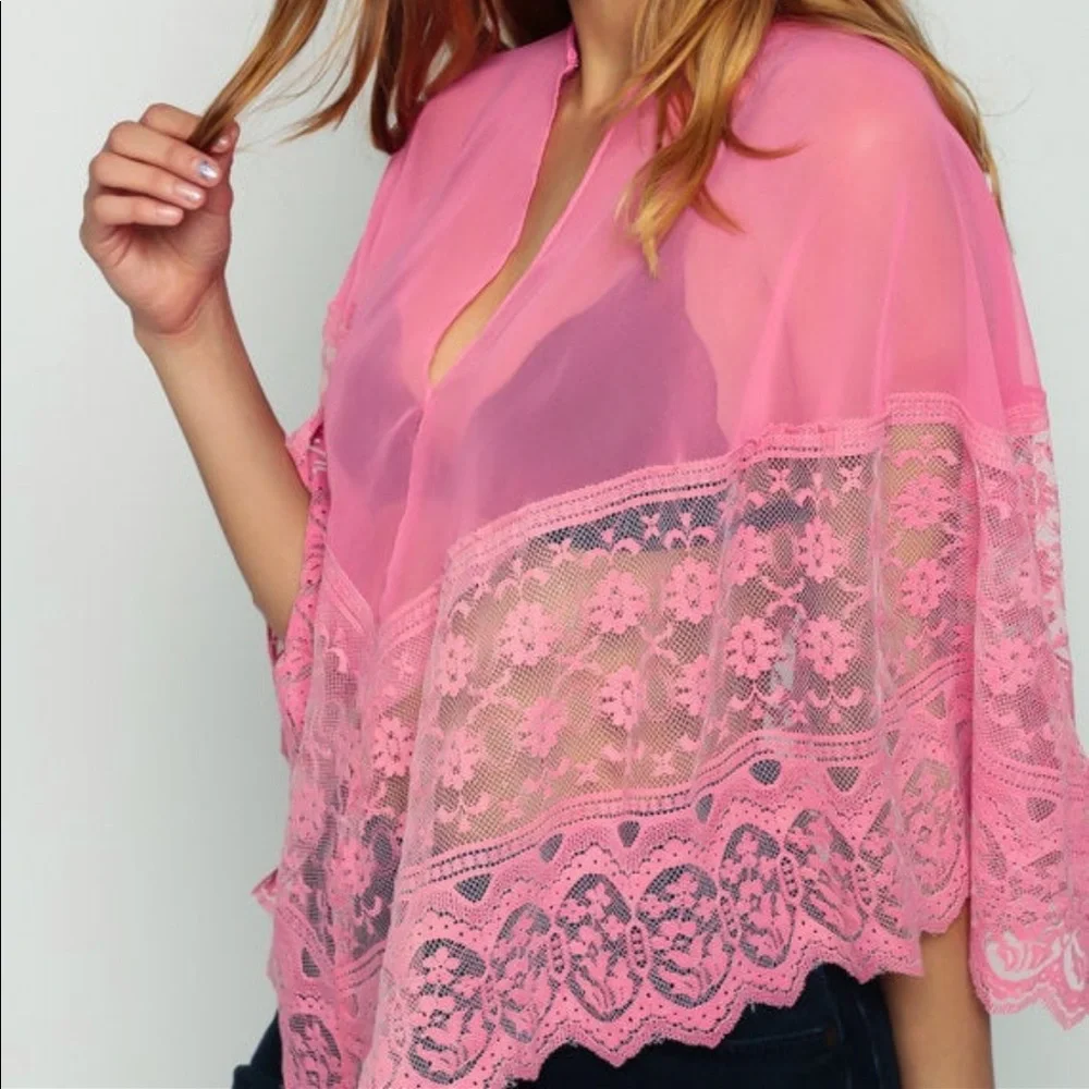 Lace Shawl Hippie Poncho 70s SHEER Cape Pink Chiffon Vintage Small Medium - Picture 3 of 5